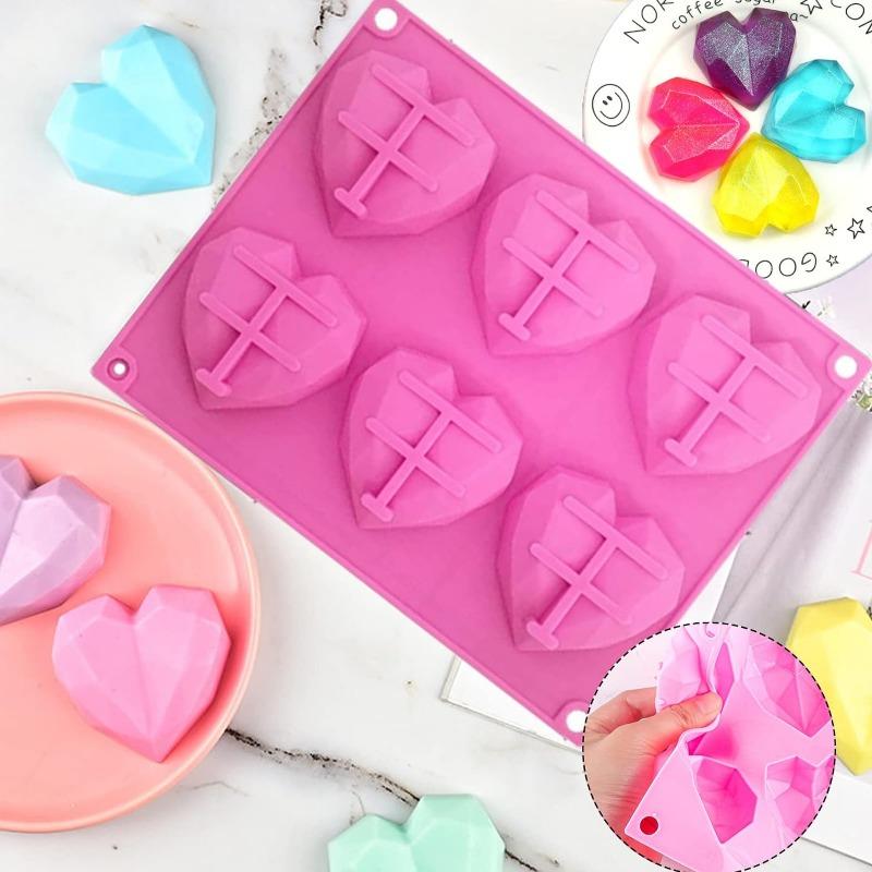 6-Cavity Diamond Heart Silicone Mold for Baking Non-Stick Valentines Day Chocolate Bomb Mold Heart Shaped Candy Soap Tray