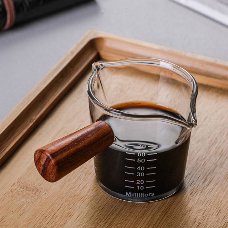 Wood Handle Glass Espresso Measuring Cup Double/Single Mouth Milk Jug Heat-resisting Coffee Shot Glass Scale Measure Mugs