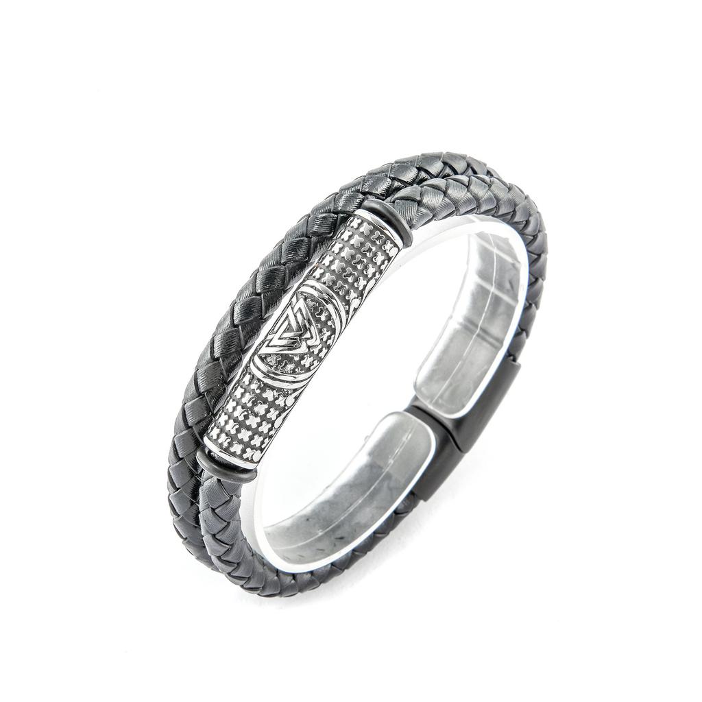 Source Nordic Viking Men's Titanium Steel Bracelet, Double Layer Braided Cowhide Rope Bracelet Spot