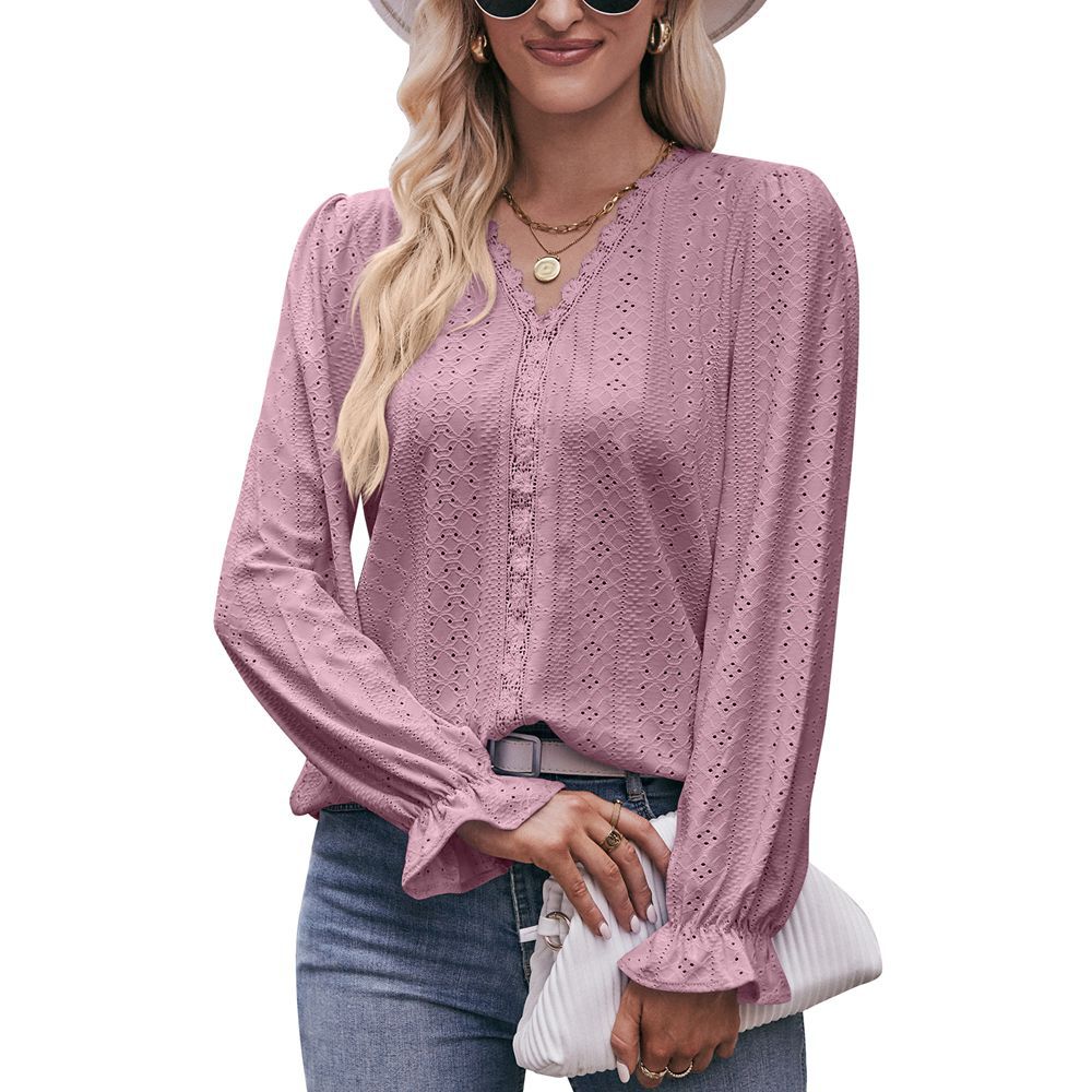 Spring and Autumn Women's Solid Colour Hole Lace V-Neck Long Sleeve Top