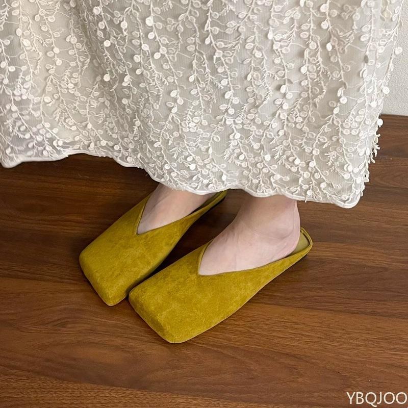 Baotou Half Slippers Women's 2025 Spring Autumn New Style Small Square Head Shallow Mouth Velvet Soft Bottom Fashion Flat Shoes