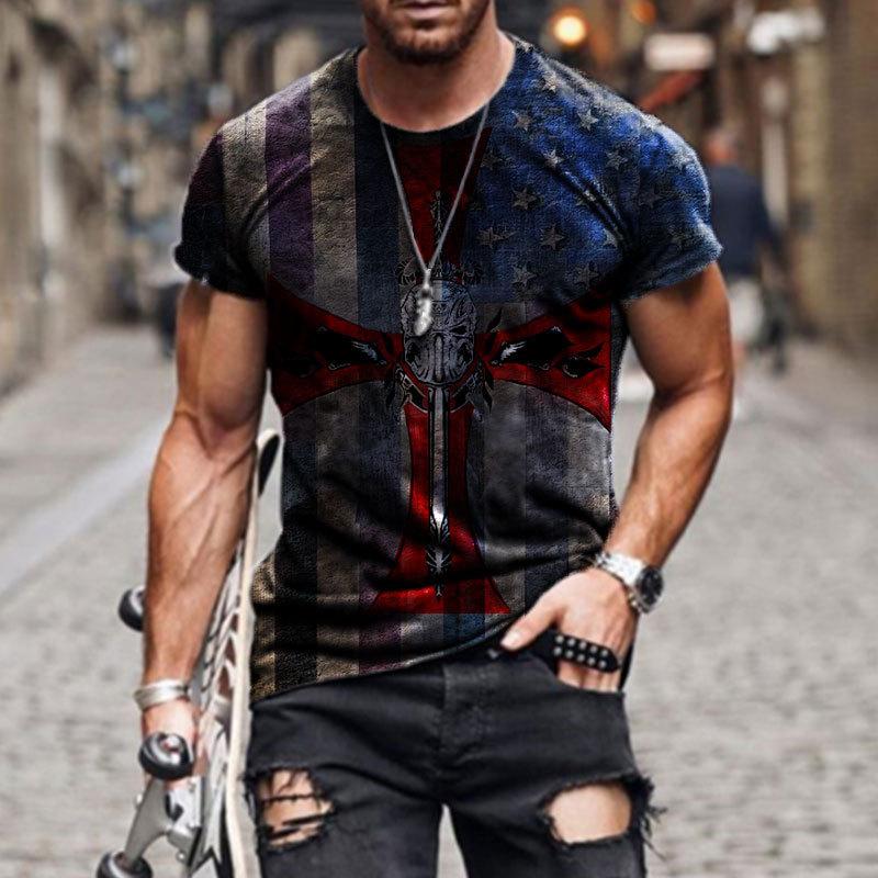 2024 Summer Retro Cross Pattern New Short Sleeved Round Neck Printed Men's T-shirt
