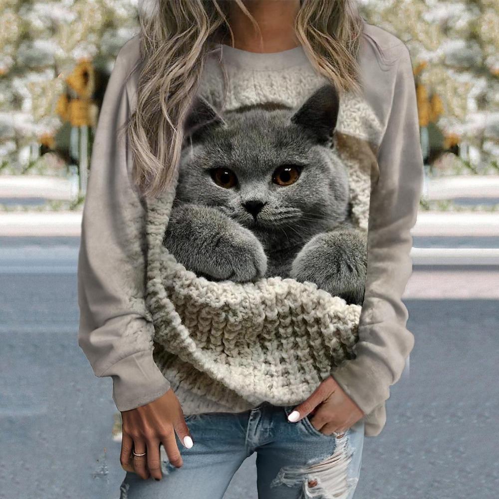 Süßes Tier Katze Hund Rundhals-Sweatshirt 3D-Druck Damen Y2k Streetwear Herbstmode Sweatshirts Pullover Damenbekleidung