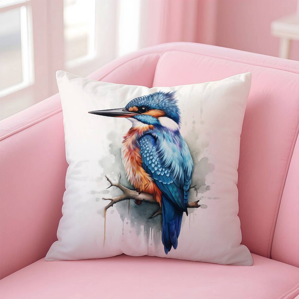 Kingfisher Watercolor Painting Pillow Case Comfort Sofa Bed Silky Elegant Invisible Zipper Custom Decorative Cushion Cover