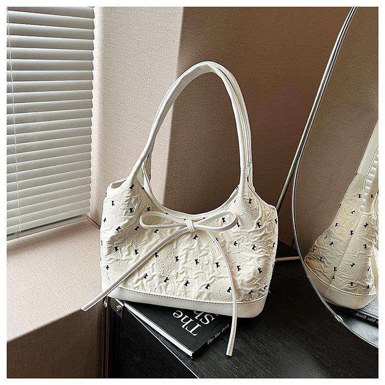 

Сумка-ведро женская сумка 2025 новая летняя сумка на плечо с бантом литературная и повседневная портативная сумка-тоут Tongkan грязно-белый