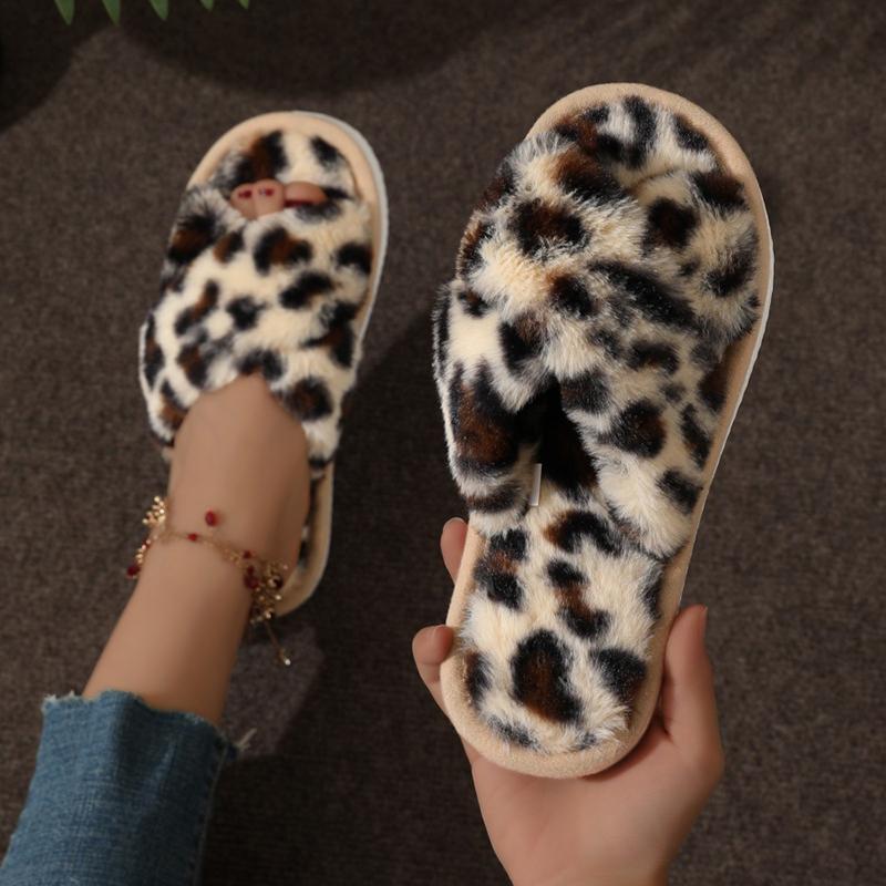 CrissCross Band Plush House Slippers for Women Open Toe Soft Sole Fuzzy Home Shoes Woman Winter Cozy Warm Indoor Floor Slippers