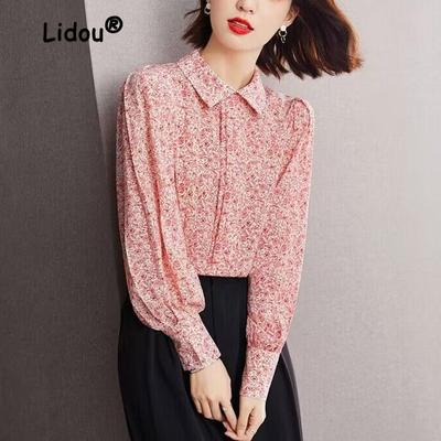 Mode Pinker Druck Einreihige Bluse Damen Klassische Laternenärmel Lässig Polo-Kragen Elegant Büro Chiffon Damenhemd