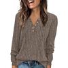 Women's Round Neck Ribbed Patchwork Solid Color Button T-shirt