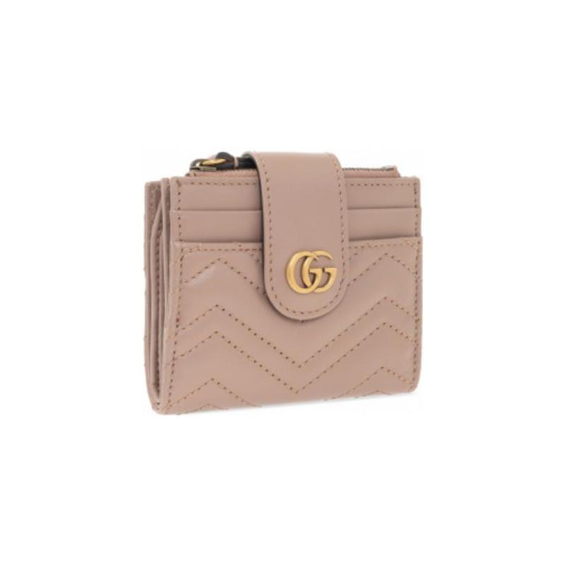 Gucci GG Marmont Series Gold Label Logo Quilted Zipper Closure Leather Card Holder Wallet Regular Women's Pink