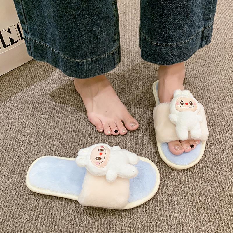 Home Warm Mao Mao Slippers Winter 2025 New Soft Bottom Cartoon Doll Decoration One-Word Cotton Slippers Non-slip