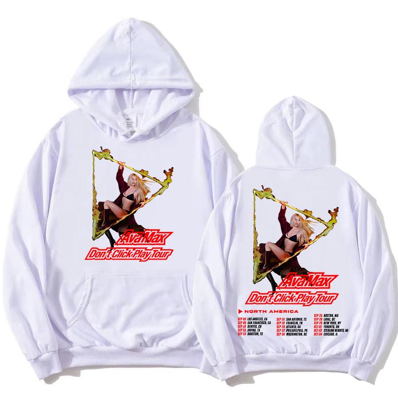 Ava Max Don’t Click Play Tour Hoodie Double Sided Concert Tour Dates Graphic Print Hooded Sweatshirt Pop Music Casual Streetwear Unisex Tops