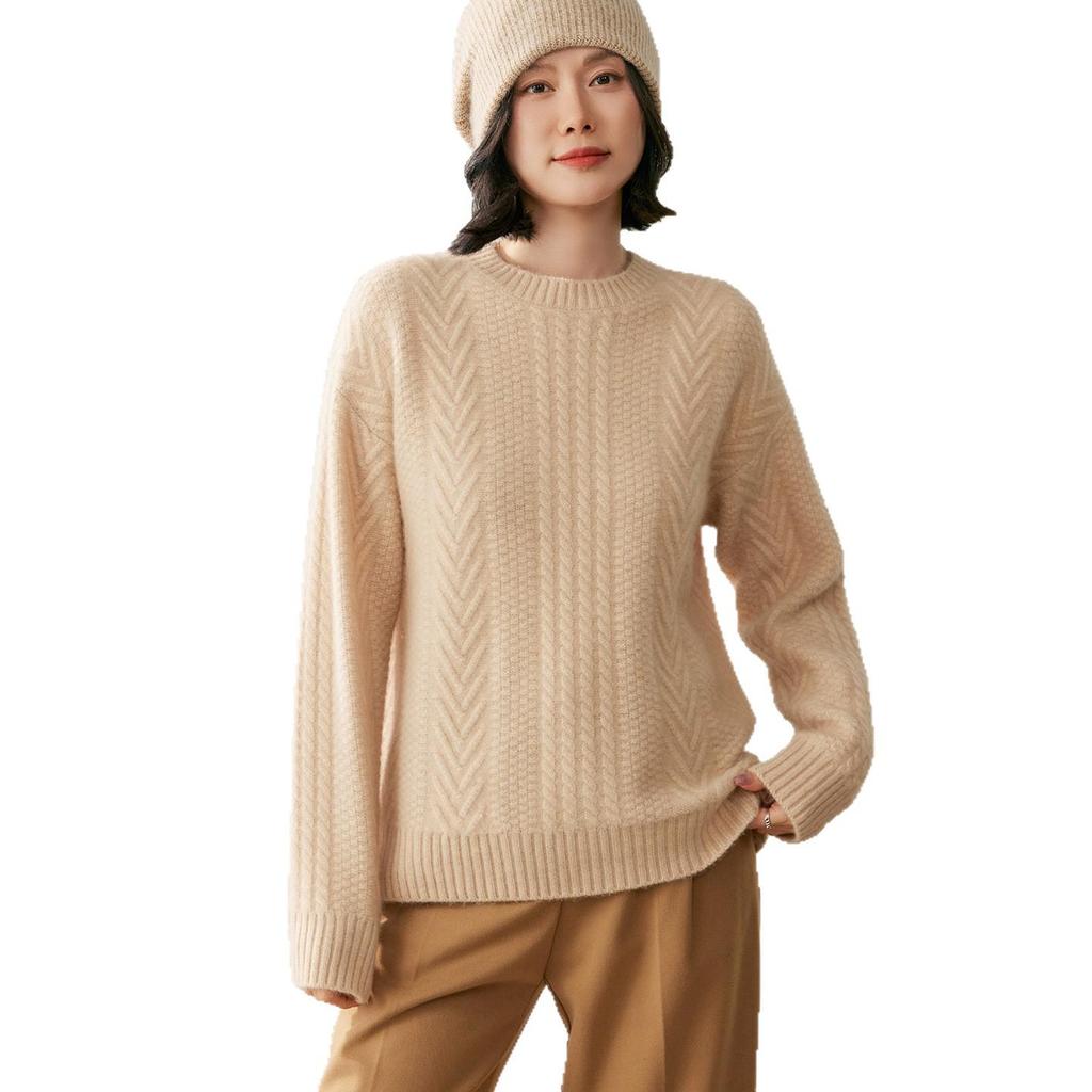 2026 Women's Autumn/Winter Round Neck Cashmere Sweater – Cable Knit, Loose Fit, Simple Casual Style