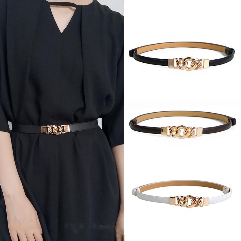 Metal Chain Buckle Belt For Women Lady Solid Color Thin PU Leather Adjustable Straps Jeans Pants Wild Decorative Waistband