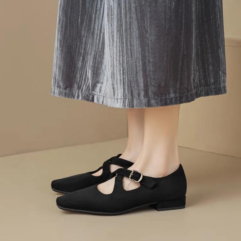 Neue minimalistische Retro-Ballerinas mit niedrigem Absatz und runder Zehenpartie für Damen, mit Gürtelschnalle, einfarbig, atmungsaktiv, Mary Jane Einzelschuhe Größe 35-43