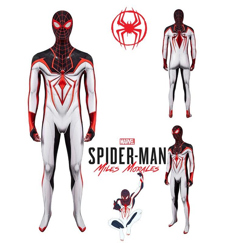 Costume Cosplay di Marvel's Spider-man Miles Morales Tuta Bianca a Corpo Intero