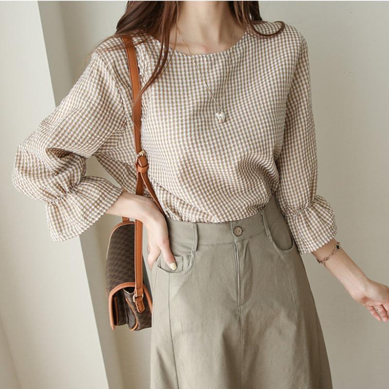 Lotus Leaf Sleeve Thousand Bird Grid Round Neck Casual Top Women's Summer Korean Version Small Fresh Loose Mid Sleeve Tailcoat Shirt