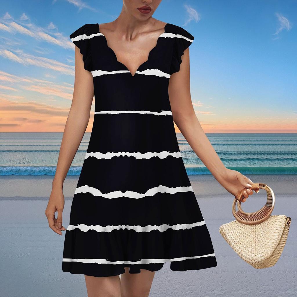 Women's Fashion Casual V Neck Wavy Edge Striped Plaid Print Short Sleeve Dress