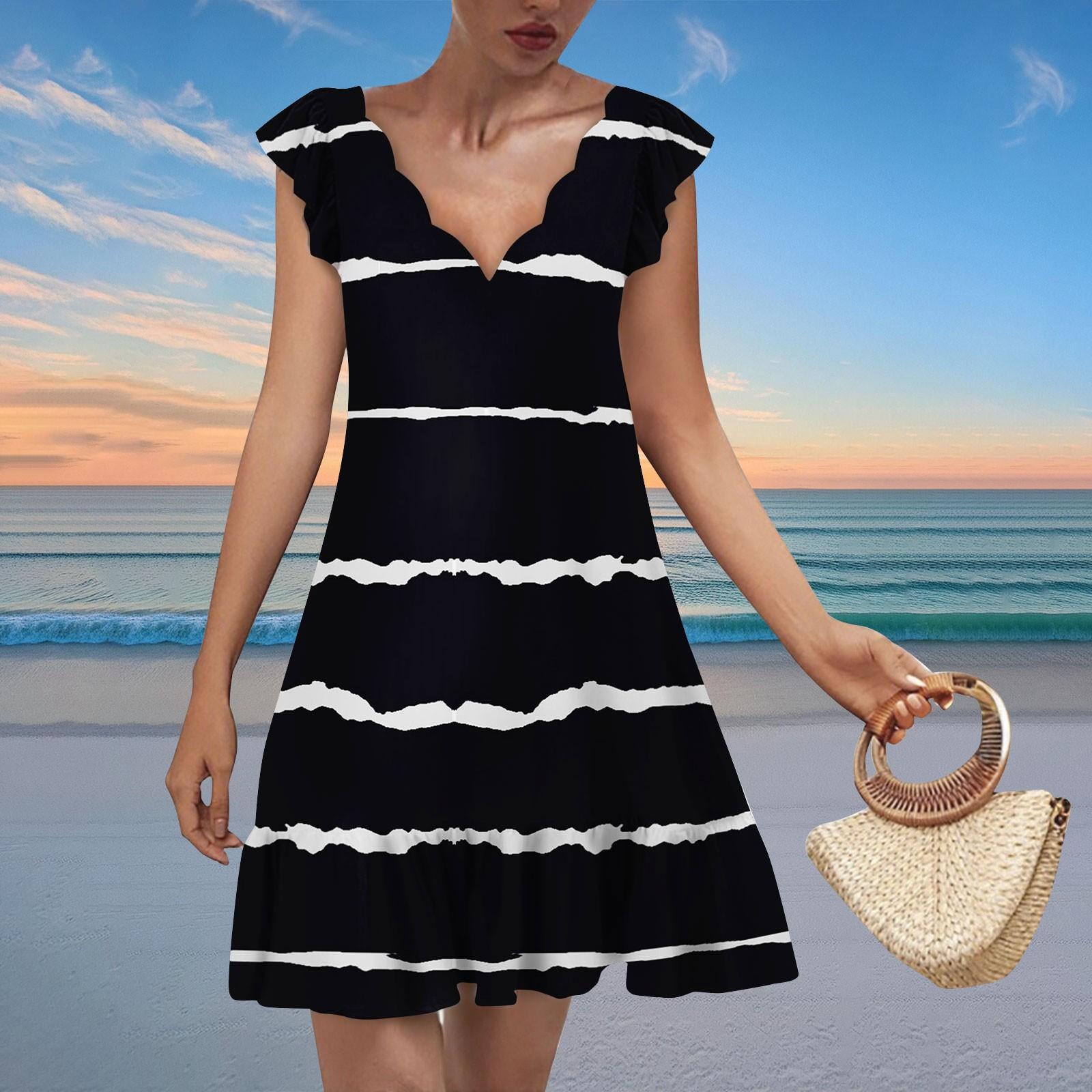 

Women s Fashion Casual V Neck Wavy Edge Striped Plaid Print Short Sleeve Dress XL чорний