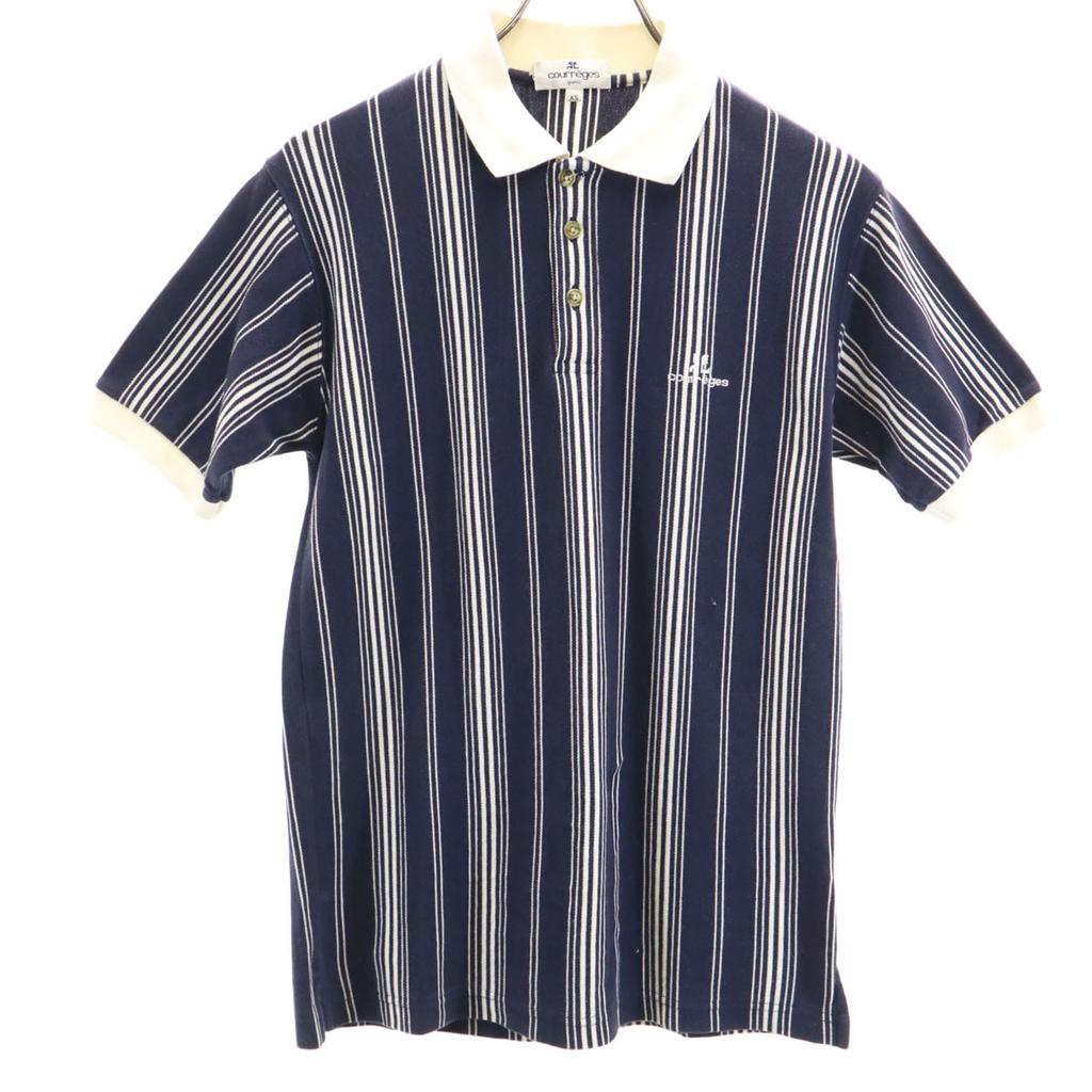 COURREGES Striped Pattern Short Sleeve Polo Shirt XS Navy Men's Used