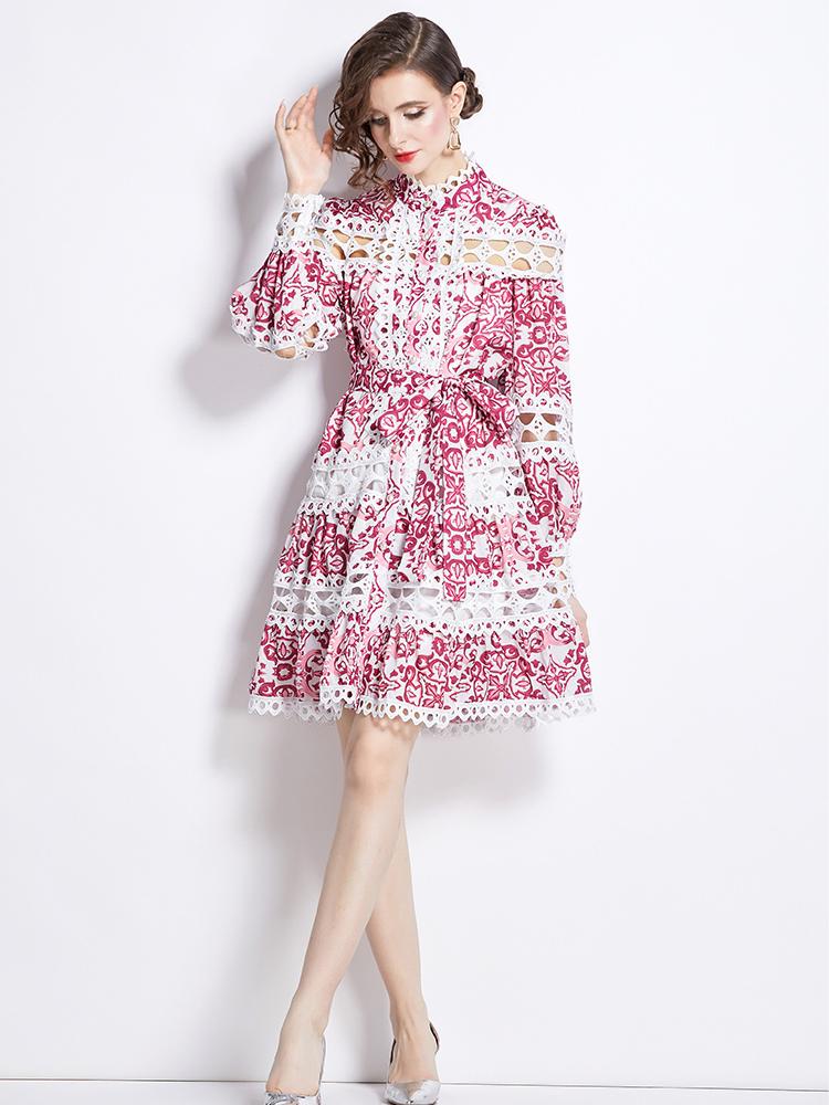 Summer Autumn Runway Embroidery Hollow Out Lace Crochet Dress Women's Single Breasted Print Lace-up Party Dresses