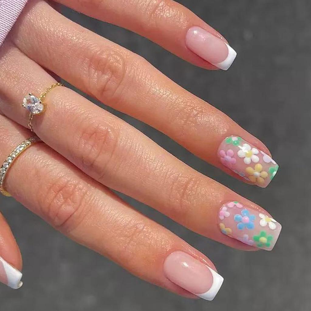 24 Pcs French Tip Press On Nail Short Square False Nail Colorful Flowers Acrylic Nail Glossy Full Cover Stick On Nail