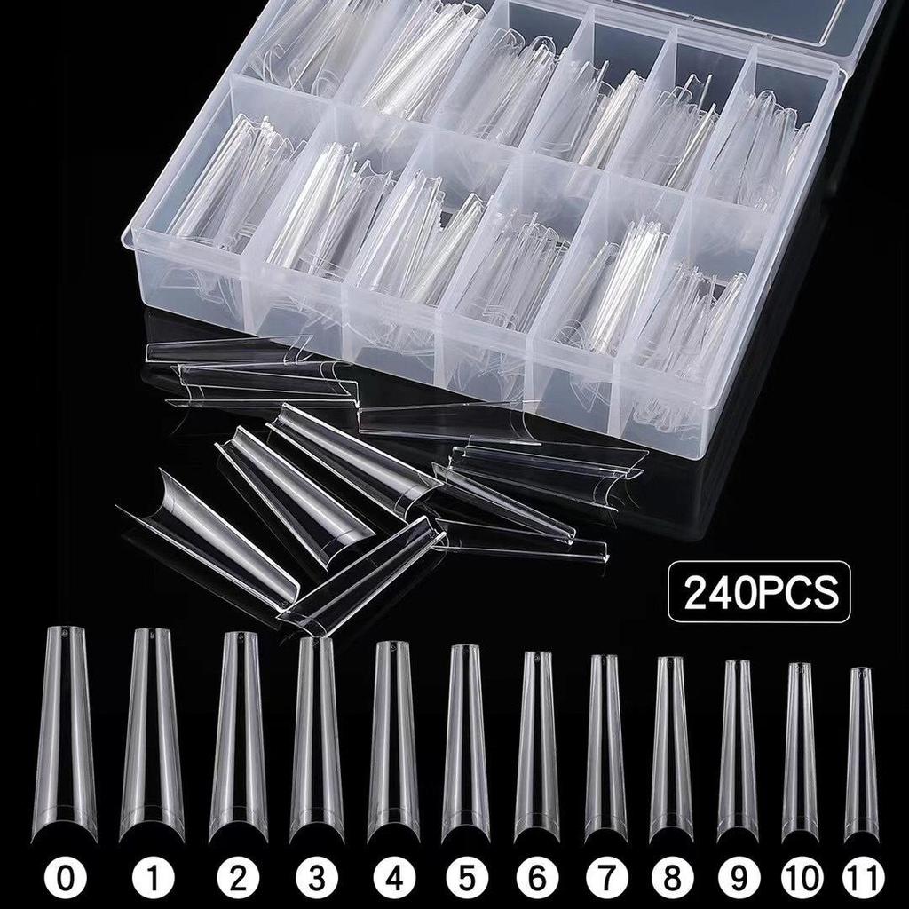 Long Denim Flat-Top French Nail Tips - 240 Pieces | Thin False Nail Supplies for Beauty and Pet Grooming