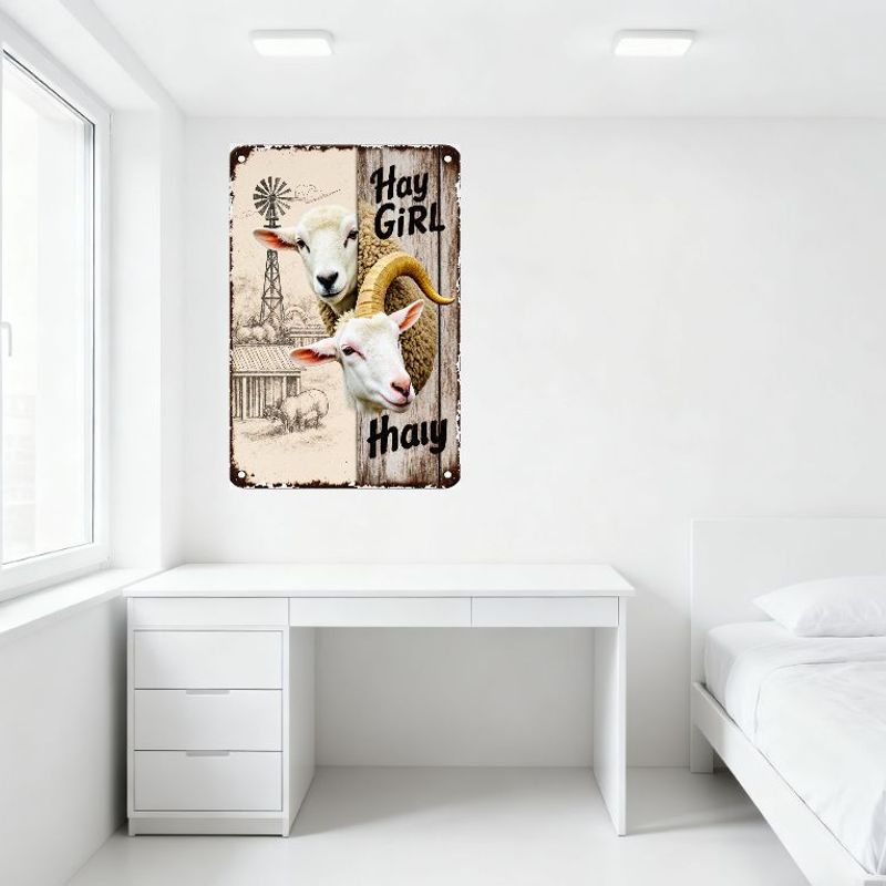 Rustic Vintage Farm Metal Tin Sign 'Hay Girl Hay' with Windmill, Barn, Sheep Illustrations Distressed Aged Wall Decor for Home,