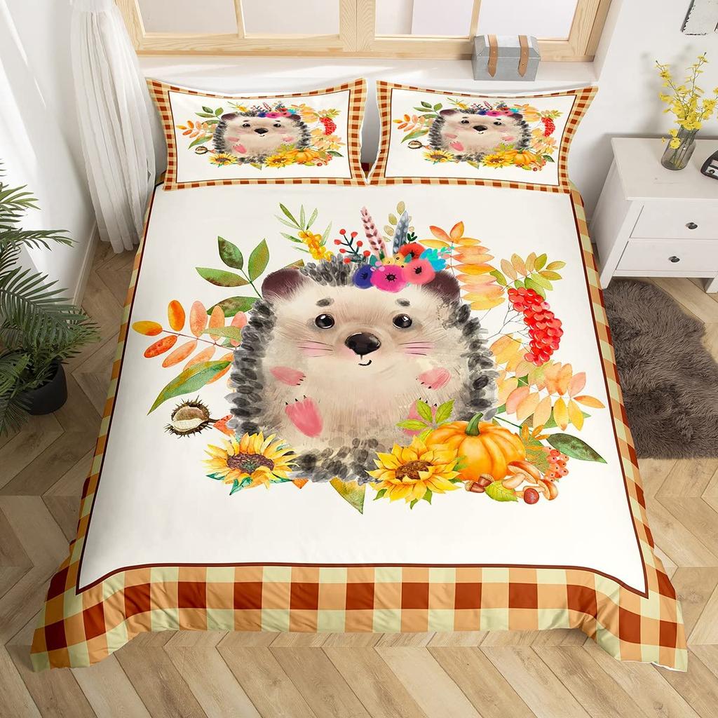 Lovely Hedgehog Duvet Cover Teens Full Runing Animals Bedding Set Modern Field Path Soft Cute Hedgehog Printed 3pcs Bedding Set