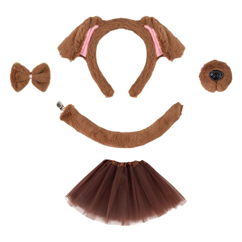 Dog Tail with Dog Ear Headband Nose Tail Skirt Bowtie Halloween Dog Costume for Children Teen Adult Cosplay