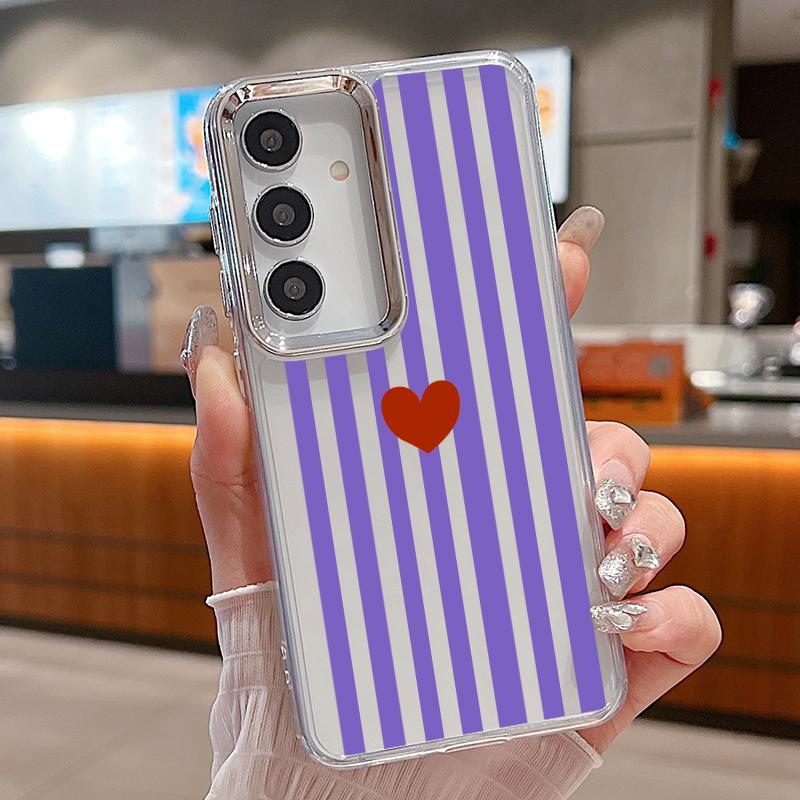 Stripe Heart Pattern Case For iPhone 17 18 Pro Max Plating Lens Frame Clear Soft Phone Cover For iPhone 16 15 14 13 Pro Max 17E