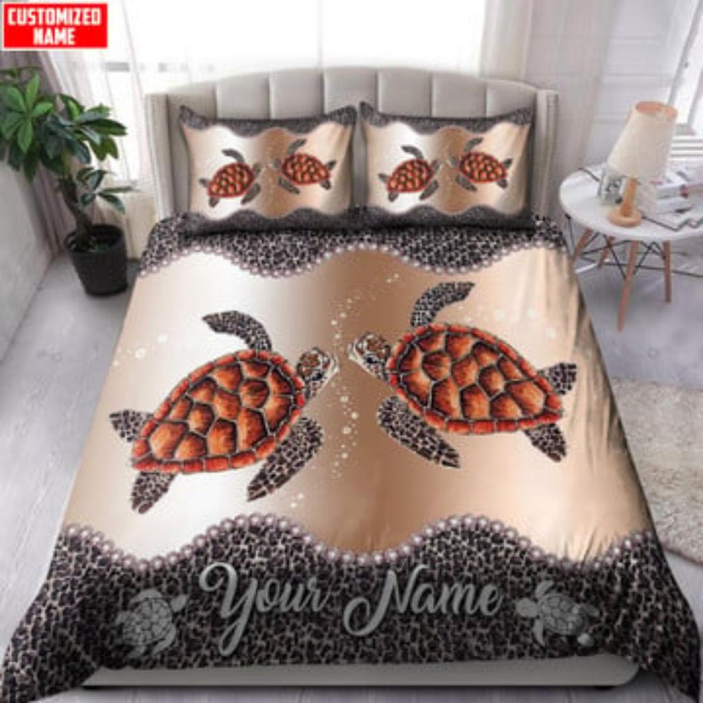 Schildkröten-Paar Unterwasser Braun Benutzerdefinierter Name Bettwäsche-Set Tmarc Tee Bettwäschebezug Anzug Heimtextilien