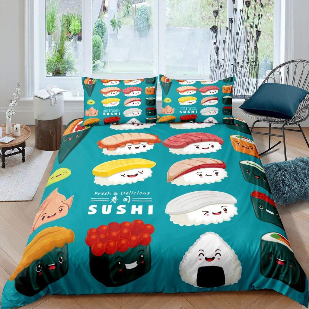 Japan Sushi King Queen Duvet Cover Marine Life Bedding Set Cartoon Japanese Food Quilt Cover Colorful Polyester Comforter Cover