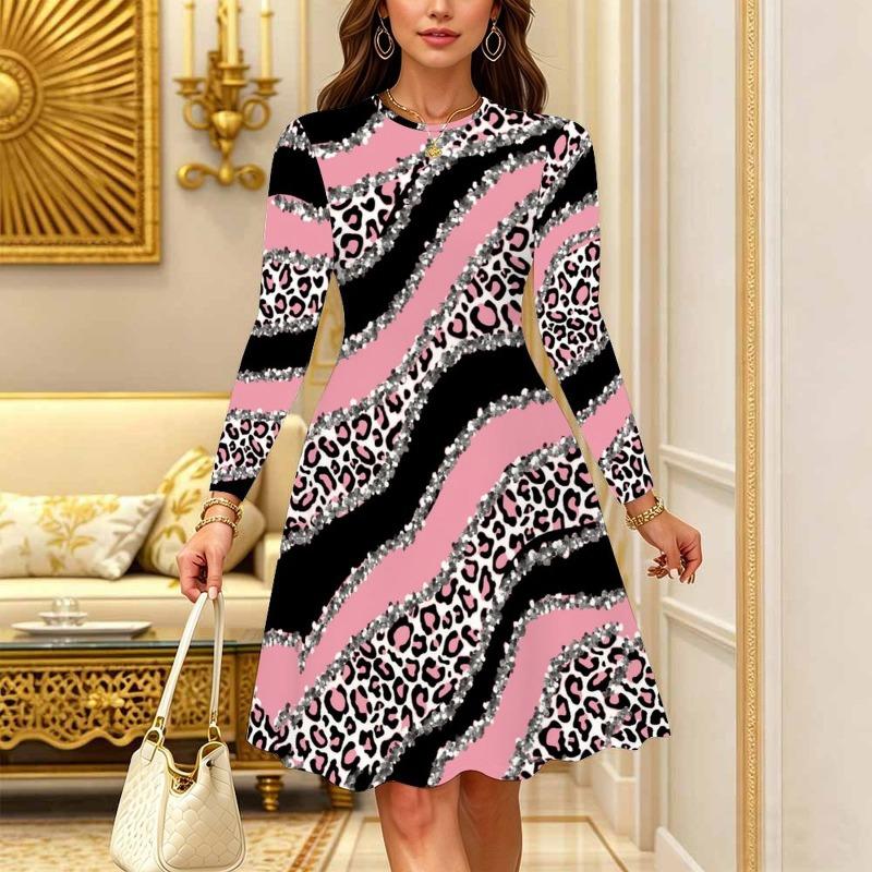Women's Bohemian Casual Midi Dress Print Round Neck Long Sleeve A Line Loose Swing Dresses