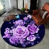 Flannel Purple Rose Round Rug, Non-Slip Floral Area Mat for Dining Room, Bedroom, Sofa, Kitchen Decor, Cartoon Print