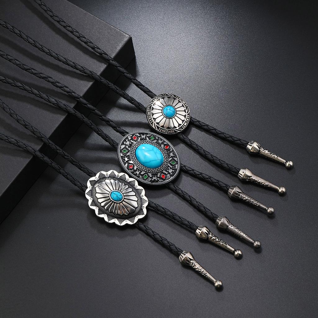 Turquoise Bolo Tie for Adult Unisex Vintage PU Leather Necktie Rope Necklace Jewelry Rodeos Tie for Formal Occasion 3PCS