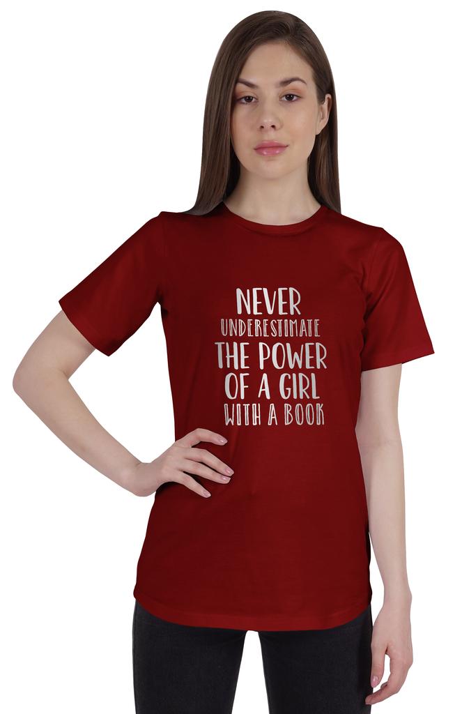 Inkmeso Womens Quote Top   Never Underestimate The Power Of A Girl With A Book   Graphic Print Tee