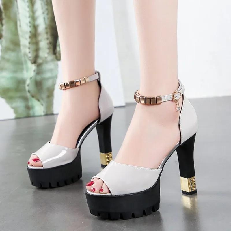 Moda Damskie Czółenka Wiosna Lato Cyrkonie 11,5 cm Wysokie Obcasy Buty Platforma Grube Obcasy Sandały Platforma Pasek na Kostkę Buty Damskie