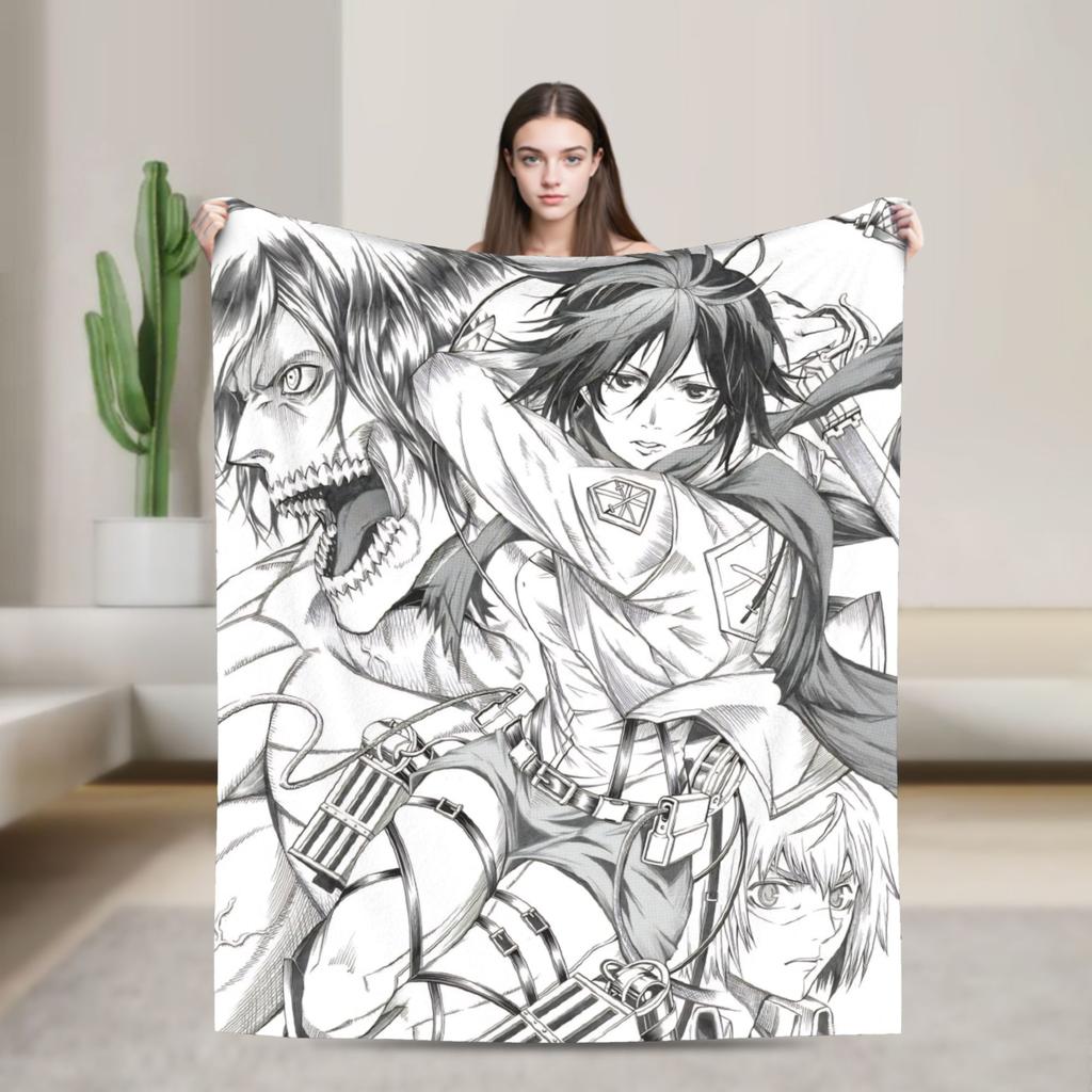 Attack On Titan Eren Anime Cartoon Knitted Blankets Fighter Wool Throw Blanket Home Print Lightweight Bedspreads Multi-function