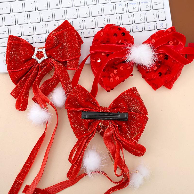 Festlicher roter Schleifenquasten-Haarclip für Mädchen und Frauen - Weihnachts- & Neujahrs-Pferdeschwanz-Accessoire