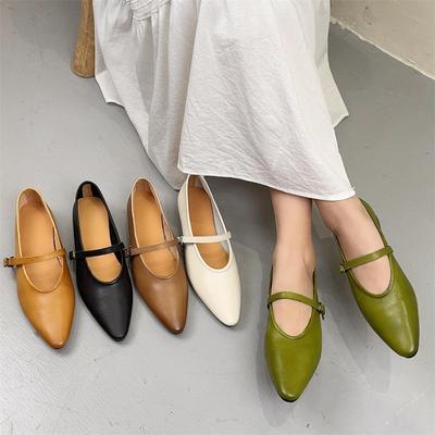 Genuine Leather Shallow Pointed Toe Flats Retro Versatile Soft Cowhide Women's Shoes