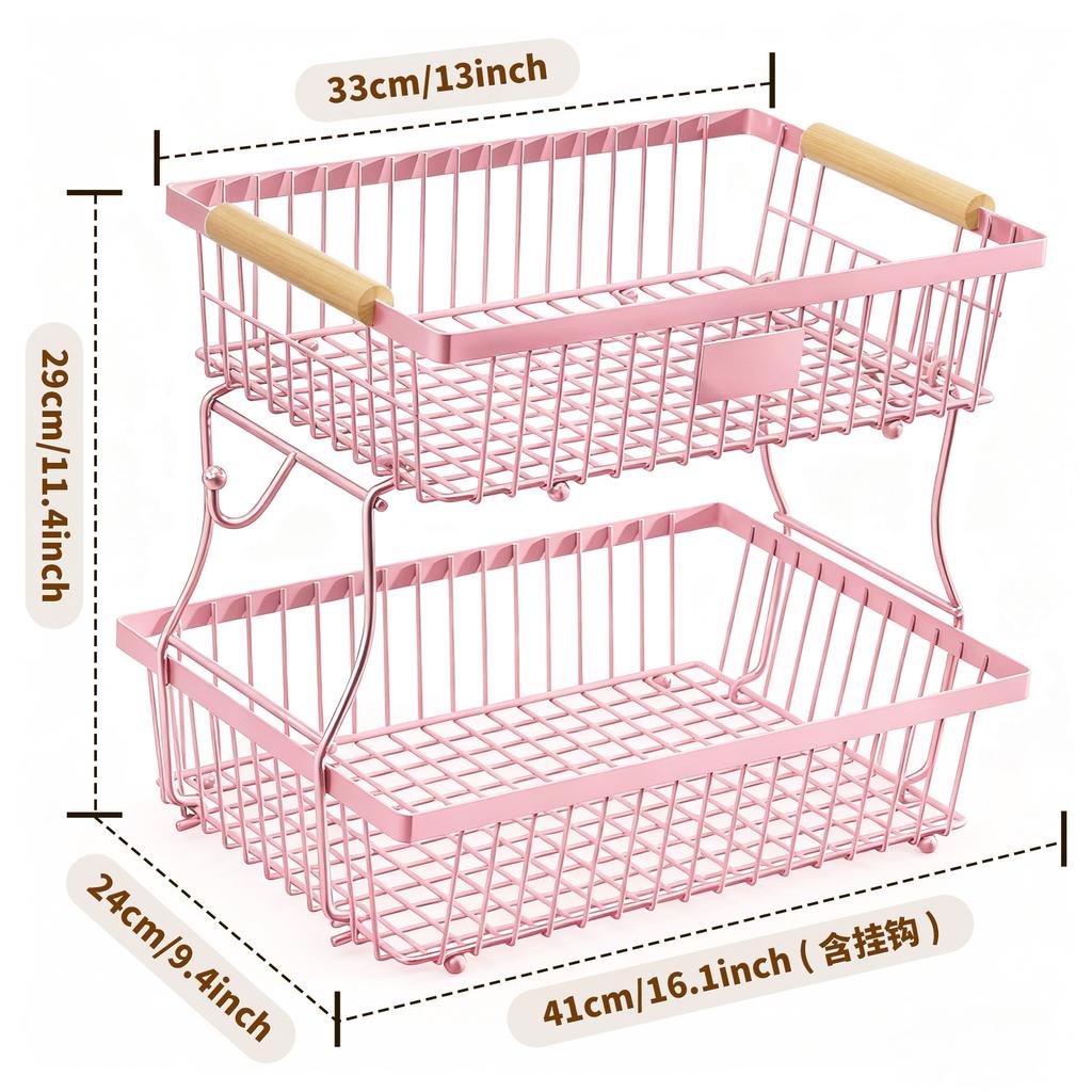 Nordic Vegetable and Fruit Basket Double-layer Wooden Hand Basket Removable Storage Basket Kitchen Countertop Hanging Banana Fruit Storage Rack