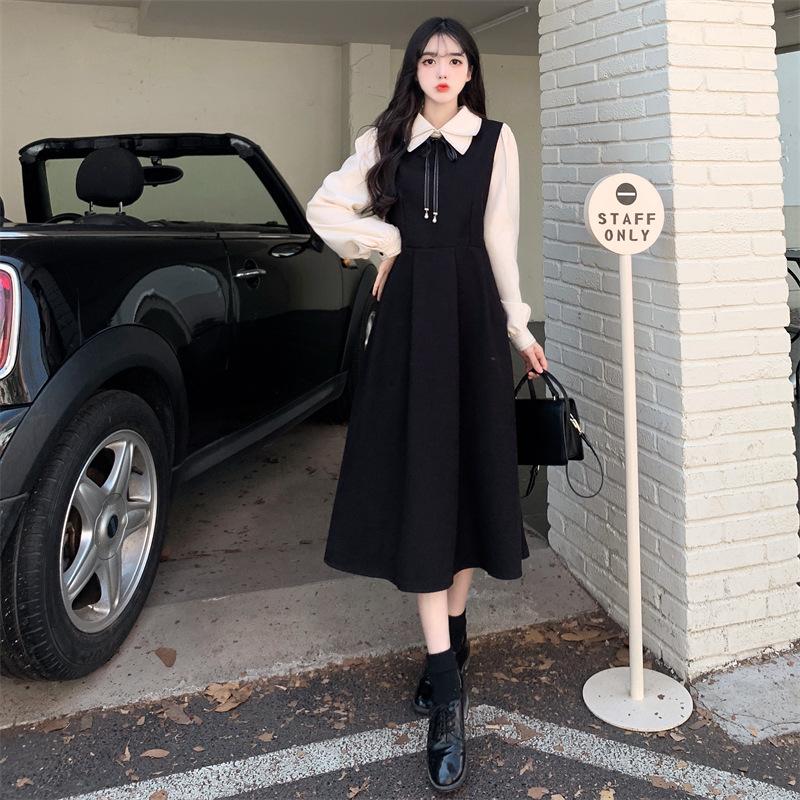 Leicht fette mm Französisches College-Kleid Herbst und Winter Neu Langärmliges Fake-Zweiteiler-Kleid, Dünnes Literarisches Mori-Langes Kleid