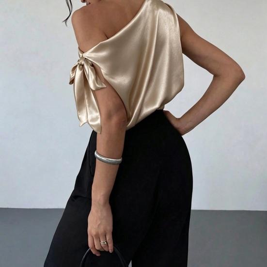 Dames Blouse Schuine Schouder Asymmetrisch Off-Shoulder Strik Blouse Casual Kantoorstijl Losse Pasvorm Satijnen Tops Dagelijkse Kleding