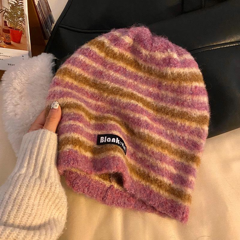 Retro Maillard Striped Plush Pile Hat for Women In Autumn and Winter Warm Versatile Big Head Circumference Showing Face Small Knitted Hat Trendy
