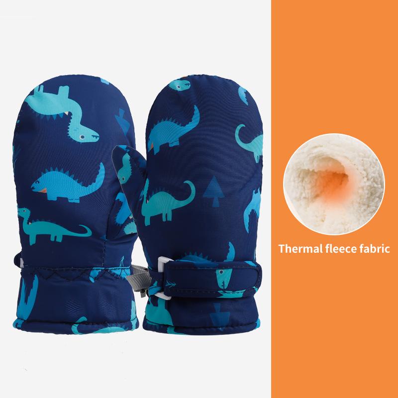 Quick-Drying Waterproof Kids' Ski Gloves with Cartoon Print - Thickened, Plus Velvet for Autumn and Winter