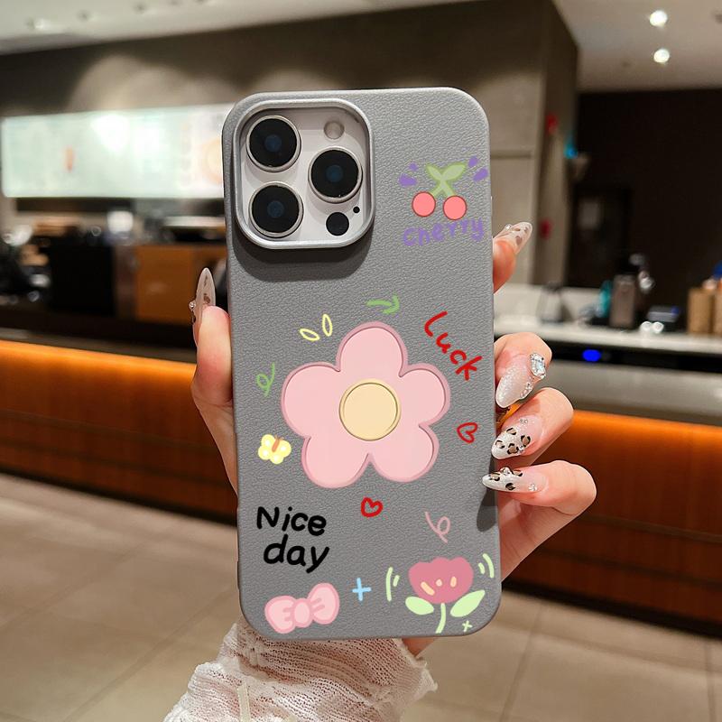 Cute Carton Flower Pattern Leather Texture Slim Soft Case For iPhone 16 Pro Max 15 14 Pro 13 12 11 Matte Lens Protection Shockproof TPU Phone Cover