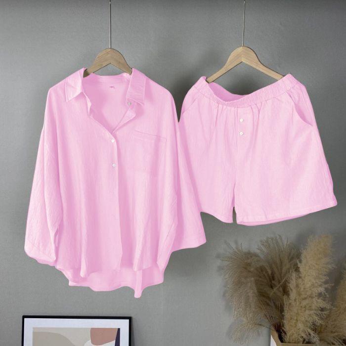 Summer Cotton and Linen Solid Color Shirt Two-piece Shorts Fashion Women's Suit