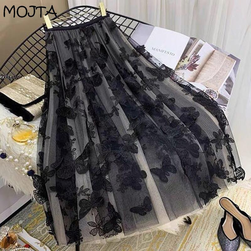 Women Spring Autumn Boho Lace Crochet Skirt Stretch High Waist Women Embroidery A-Line Skirt Women Beach Pleated Skirt