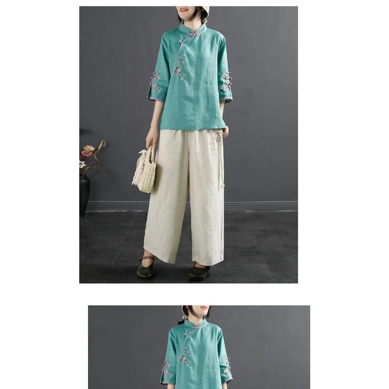 Blusa estiva con colletto alla coreana a tre quarti alla moda da donna High Street Casual Pullover larghi Elegante Ricamata