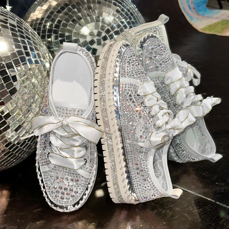 Spring and Summer Hand-sewn Casual Board Shoes Women's New Diamond-encrusted Single Shoes Platform Sequined Muffin Lace-up Women's Shoes